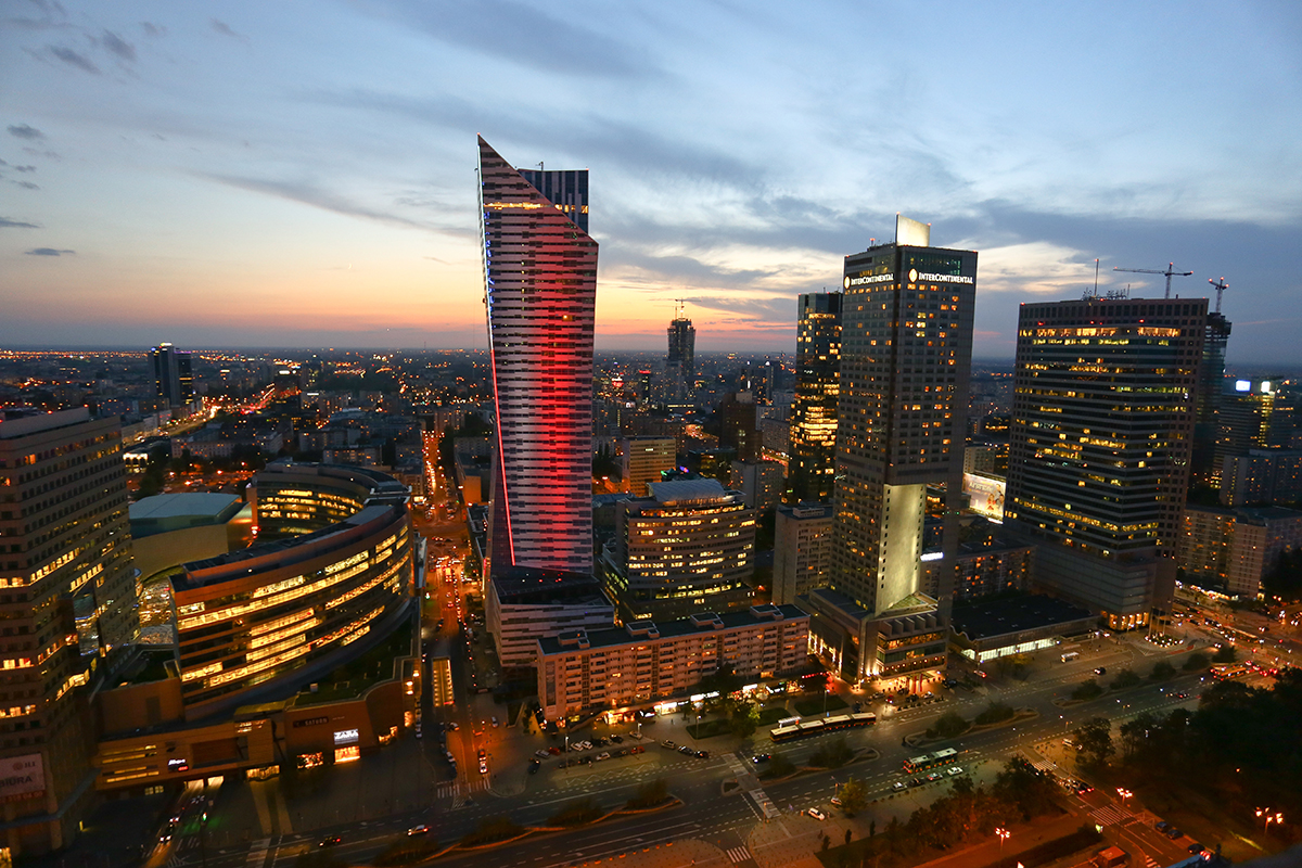 high angle shot of warsaw in poland during the sunset